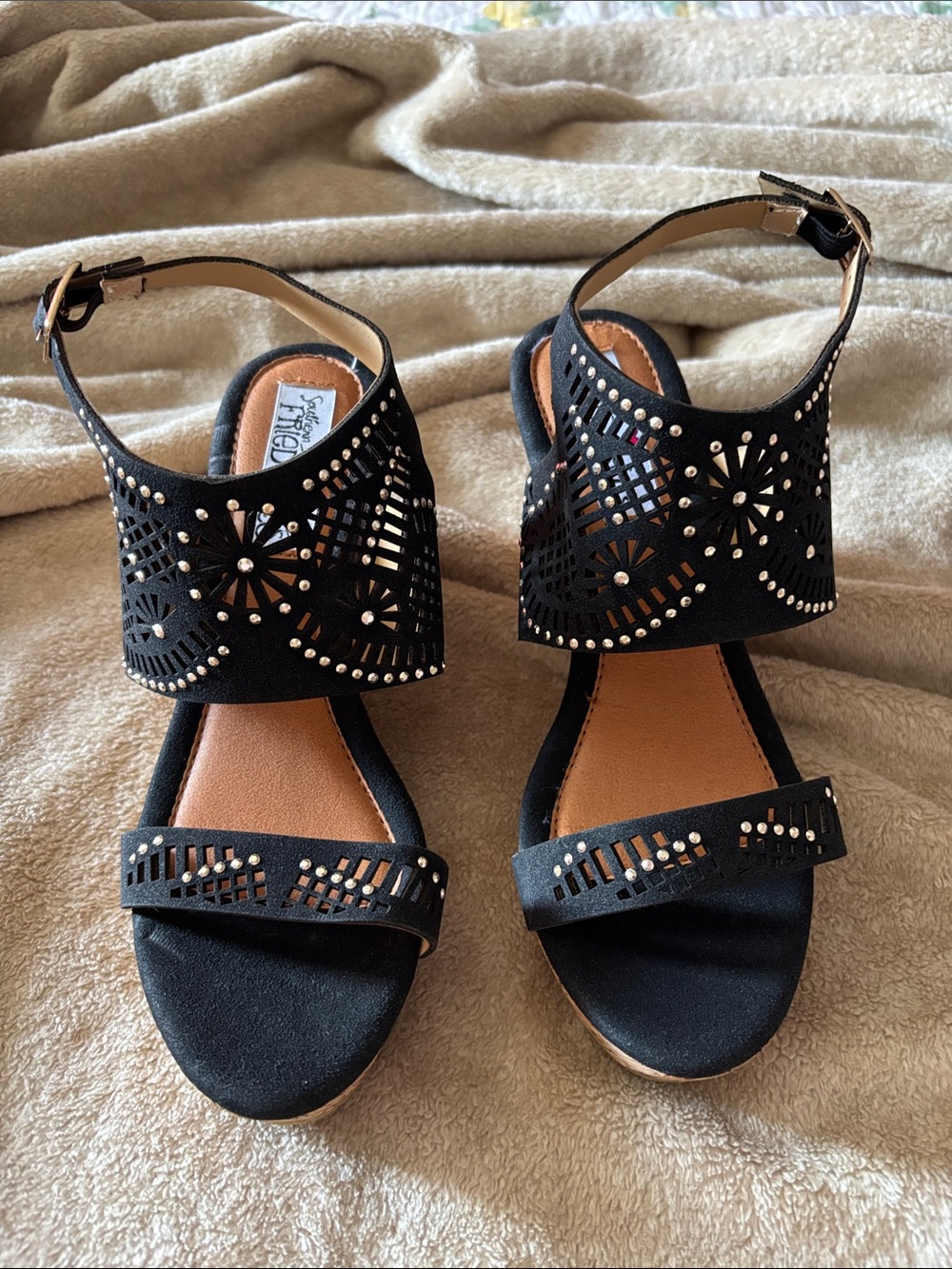 Laser-Cut Black Ankle-Strap Sandals with Stud Detail